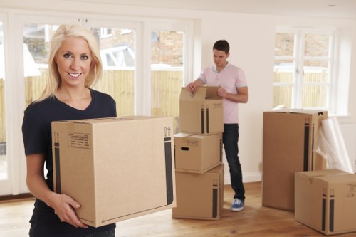 Organised boxes and wrapping supplies for moving day preparation